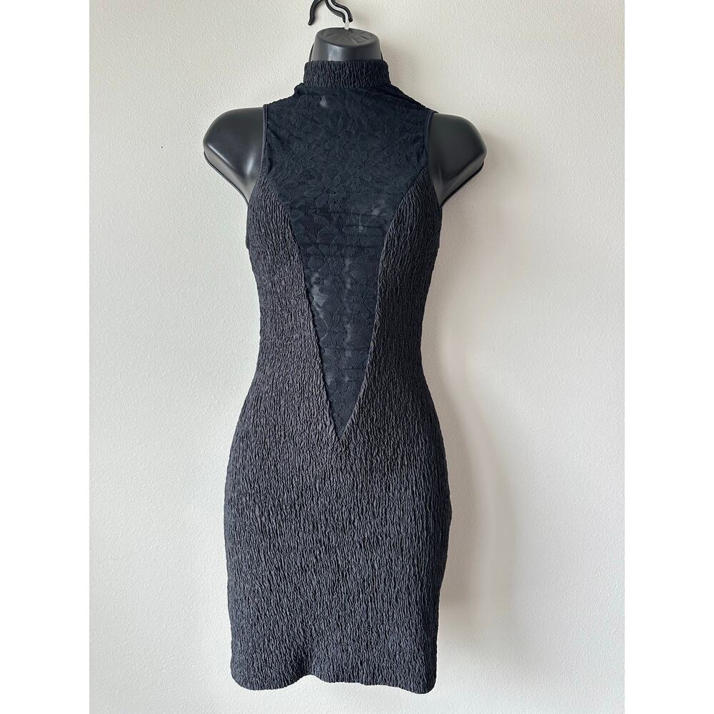 Vintage Y2K Shirley of Hollywood Black Lace Bodycon Mock Neck Mini Dress Goth